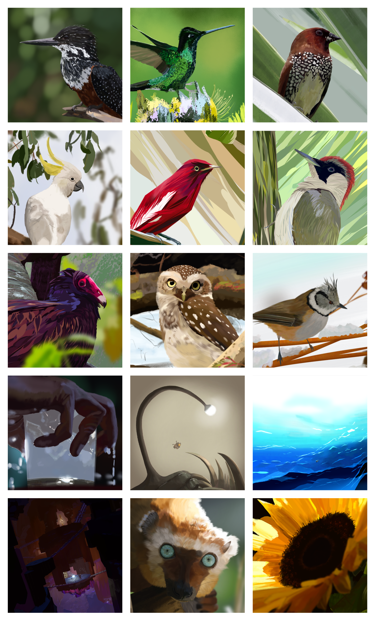 A 3x5 grid of squares containing excerpts from paintings I made in 2025. From top-left to bottom-right: 1) A kingfisher perched on a branch; 2) A green hummingbird; 3) A brown and white munia; 4) A white cockatoo; 5) A stylised pompadour cotinga in shades of bright red; 6) A green and white woodpecker with a red and black head; 7) A vivid purple-brown turkey vulture; 8) A small brown owl with fluffy feathers; 9) A crested tit on a snowy branch; 10) A hand grasps a mixer glass full of pale liquid; 11) A giant anglerfish in pale mist; 12) Waves of blue light; 13) An underground city of hexagonal columns; 14) A blue-eyed black lemur with golden fur; 15) A close-up of a sunflower