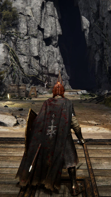 Gille the Confessor, standing before a rough camp at the entrance to a cleft between grey-stone cliffs. Her sword is in her hand, and her cloak is splattered with the blood of wild animals.