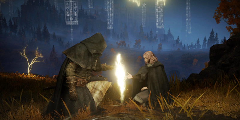 Melina, a pale woman with a grey cloak, kneels beside a shard of grace, opposite a hooded figure. Their hands reach out to one another, but the touch is obscured by the gracelight. Beyond the light of grace, it is nighttime, the plateau washed with shades of blue.