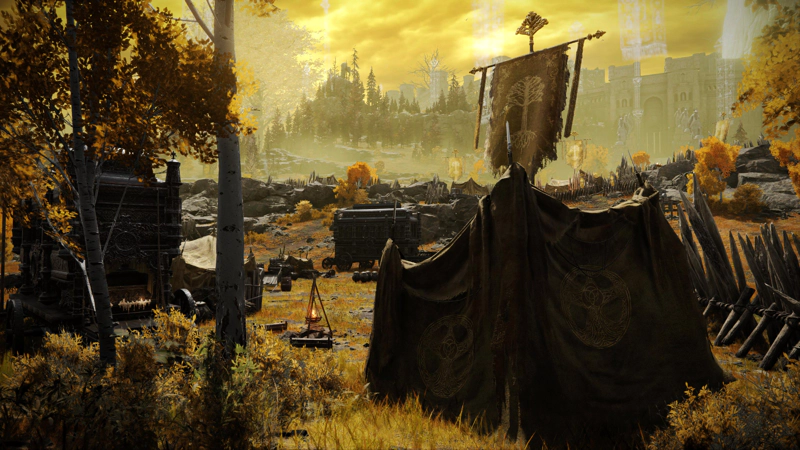 An army camp, decorated with Erdtree iconography. Grey-metal carriages are parked amidst the tents and wooden stakes, and in the distance the gateway to the Capital is washed with morning sun.