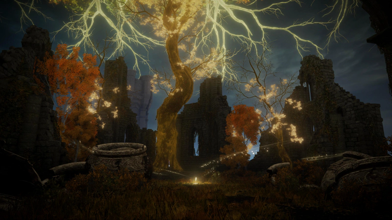 A shard of grace at the heart of a ruined chapel, full of large broken pots and a copse of golden trees.