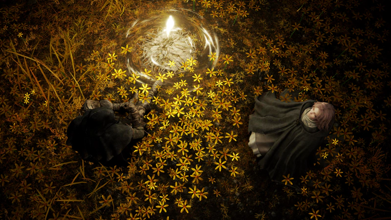 A hooded figure sits at a glowing golden grace amidst bright yellow flowers, beside Melina, a pale woman in a grey cloak. She has her head tilted back as if reciting sacred verse.
