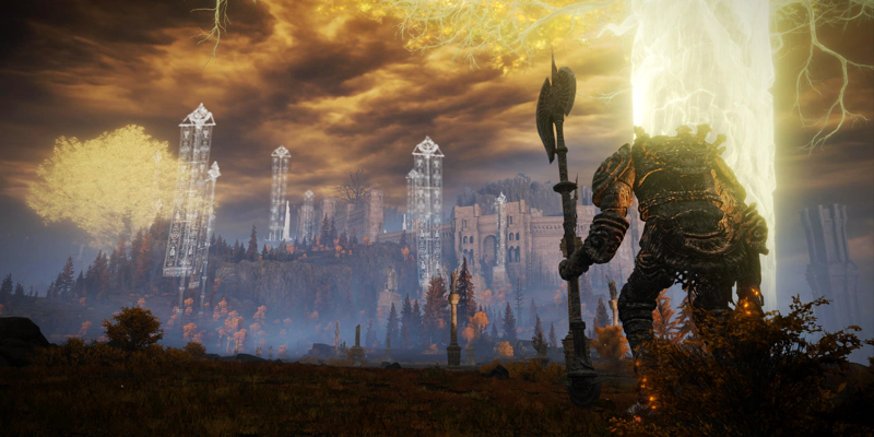A giant with a massive axe stands watch over the Altus Plateau. The vast brilliance of the Erdtree washes the scene in golden light, but there's a cool blue mist still clinging to the ground.