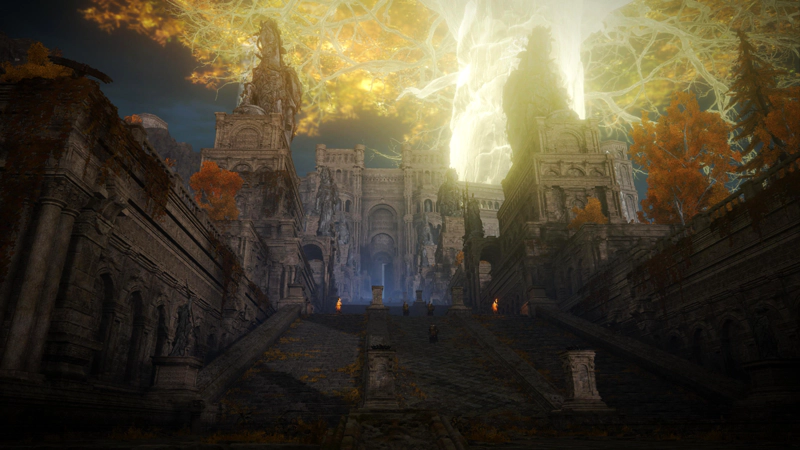 A wide processional stair climbing towards the gates of the Capital. Monumental statues of rulers on horseback stand atop large stone bases to either side, and the golden brilliance of the Erdtree looms overhead.