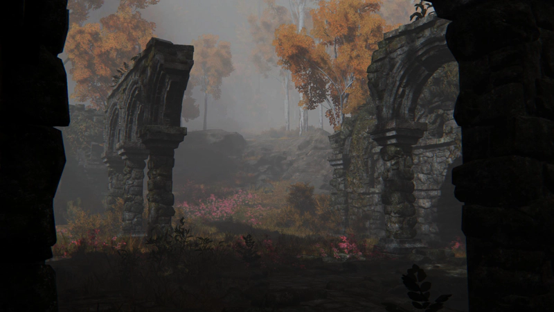 A shady clump of stone ruins in a misty valley. Pink flowers carpet the hillside where the sun reaches, and the trees beyond are dense with varigated brown leaves.