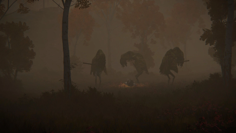 Three monstrous hooded figures dance around a glowing silver beetle, in a dim, misty forest.