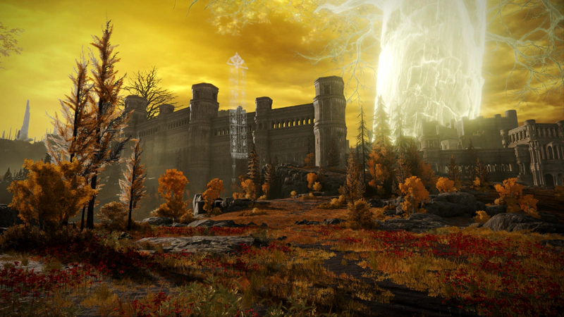 A high plateau covered in little red flowers, just outside the walls of the Capital. Tall pine trees stand with rich brown foliage, and grey rock emerges from beneath the vegetation here and there. Beyond, the trunk of the Erdtree glows brilliant against the clouds.