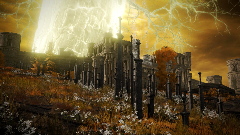 A memorial of many large stone swords, pierced into the ground, on a hillside beneath the light of the Erdtree. The grass below is tangled with little white flowers, and a knight sits amongst the blades, his sword across his lap.