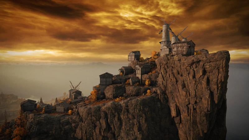 A cliffside village in the evening sun. Houses perch on rising stone terraces, leading up towards a trio of windmills stark against backlit dark clouds.