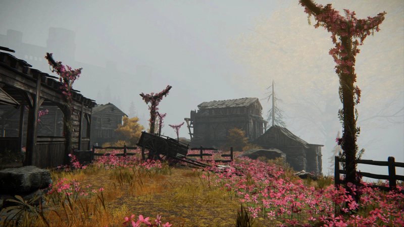 A misty village, awash with little pink flowers. Tall cruciform posts draped in flowers stand beside rough fences.