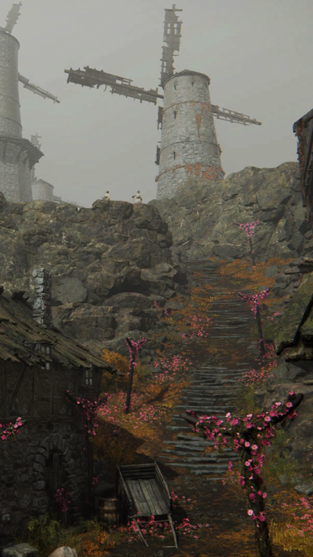 A winding stepped path, leading up through the village towards a windmill at the peak. Pink-flower laden posts shape the path, and on the cliff above, two villagers are dancing.