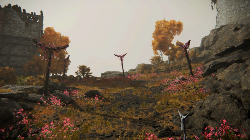 A stony path arcing up towards the windmills, leading between patches of pink flowers and decorated posts.