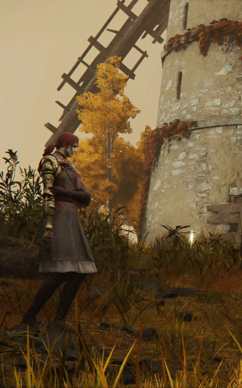 A red-haired woman standing in front of the windmill and the shining grace. Her right arm is a golden metallic prosthetic, and she has a determined expression on her face.