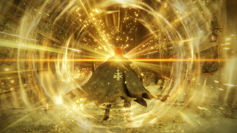 Gille, her confessor cloak flaring wide as a golden shockwave ripples from her body, concentric spheres of light distorting the view of the tunnel she's in.