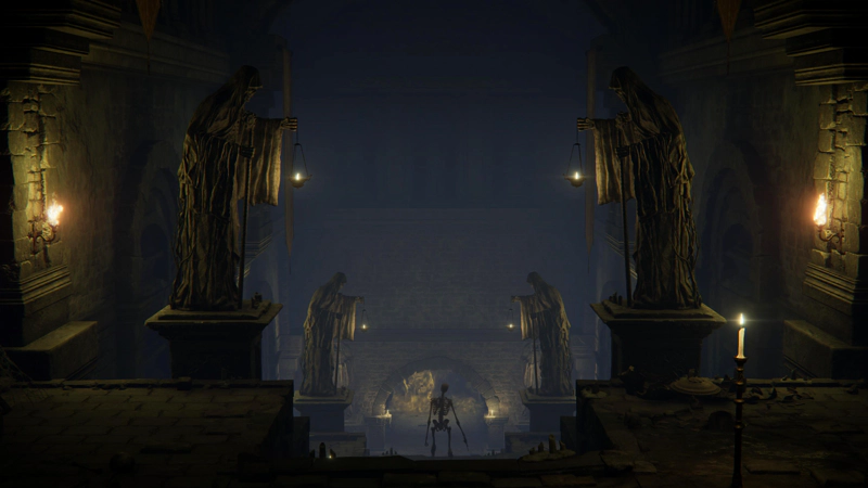 Pairs of statues bearing oil lanterns, leading down towards a skeleton standing before an archway.