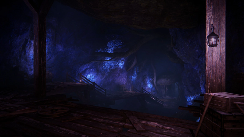 A crystalline cavern lit by neon blue crystals in the walls. Wooden beams and vast tree roots prop up the ceiling, and wooden platforms and stairs lead deeper into the mine.