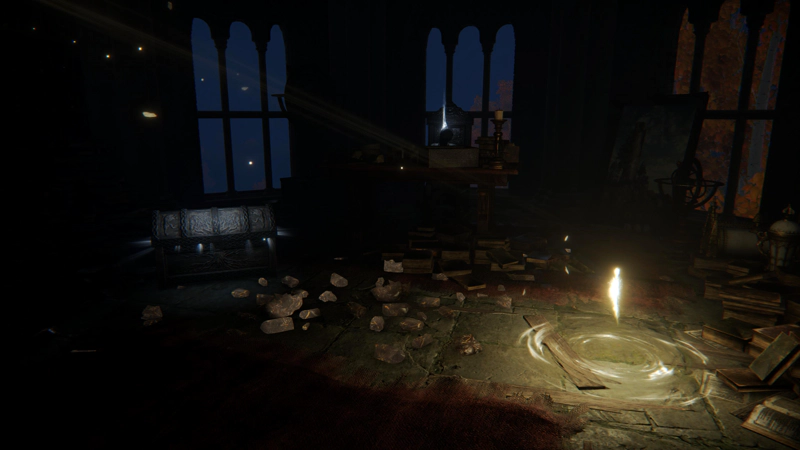 A sorceror's study, atop a tower, with a shining shard of grace and a heavy metal chest limned with light. The sorceror is still at his desk, behind piled books and candlesticks, but he is long dead.