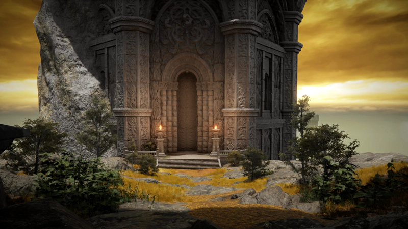 A gentle rocky slope of golden grass and green-leaved bushes, leading towards a vast stone tower with intricately-carved doors.
