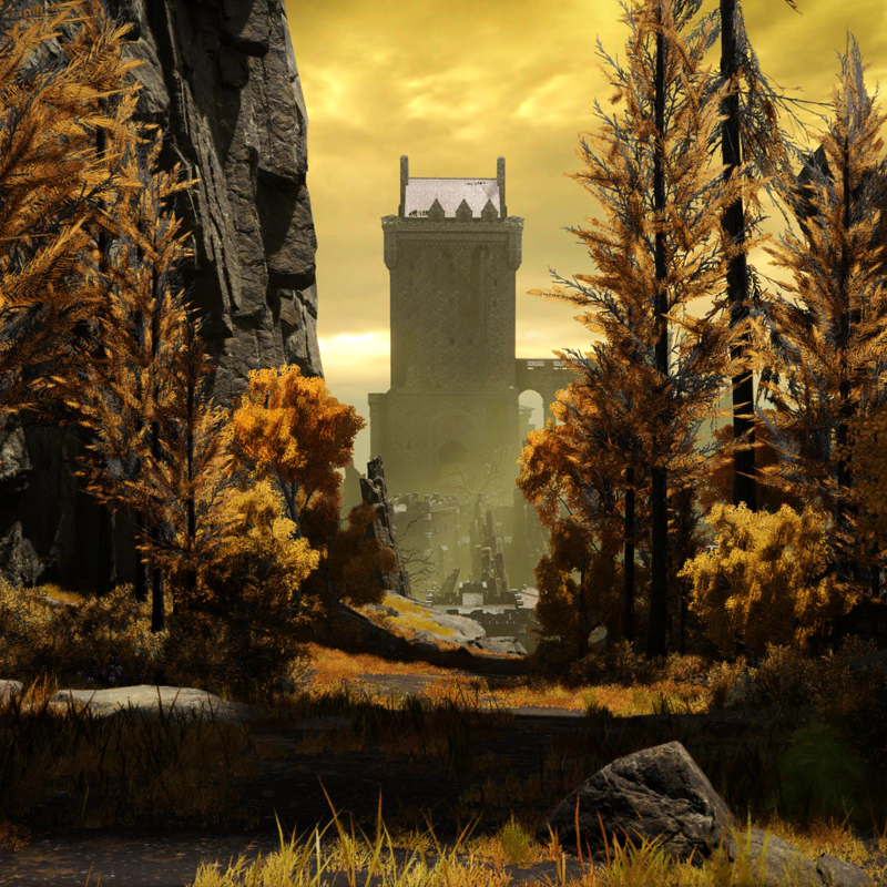 A densely-wooded path leading towards a square-faced castle enshrouded in grey-green mist.