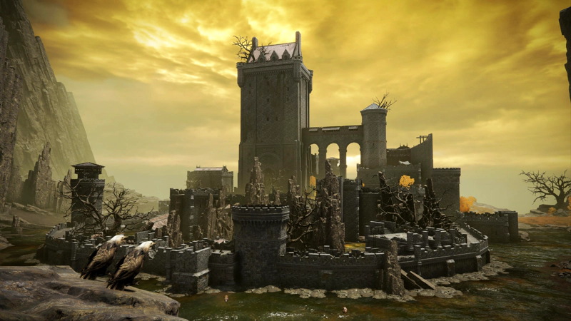 A moderately-sized castle in a swamp of green-brown water, against a clouded golden sky. Two eagles are perched on a rock in the foreground, as if watching the castle.
