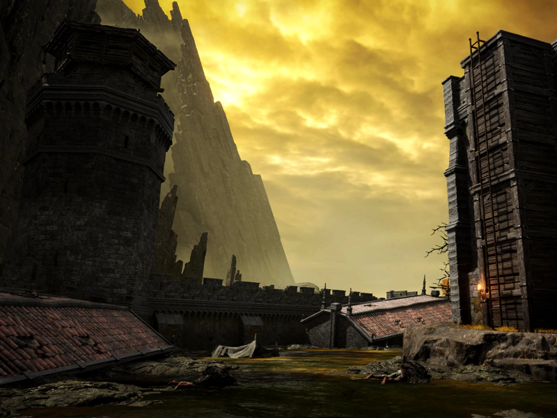 Within the castle, large red-slated buildings lie at oblique angles, barely emerging from the murky swamp waters. To the left, an octagonal stone tower buttresses the castle wall, and to the right, a sunlit ladder leads up a sturdy wooden structure.