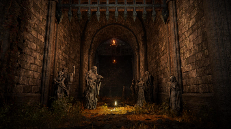 A cluster of highly-detailed stone statues, robed figures in dynamic poses, beneath a portcullis beside a shard of grace.