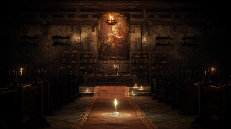 A grace shard on a faded red carpet in a castle banqueting hall. Above the high table is a large portrait of Malenia, a female figure in a red cloak and distinctive swept-back armour and helm. The walls are decorated with prosthetic limbs.