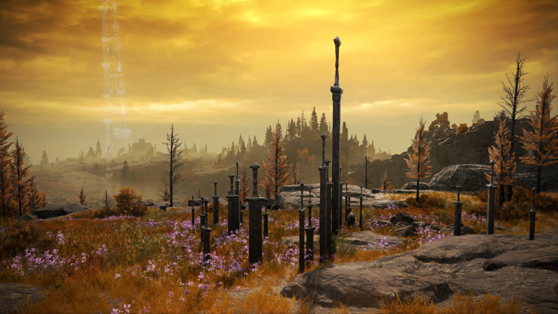 A memorial of large stone swords piercing the ground, speckled with little pink flowers. In the distance, the lower slopes of Altus Plateau curve away, shrouded in mist.