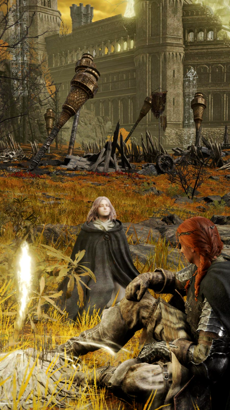 Gille and Marika sit beside a grace on a twisted battlefield, within the Capital walls. Marika recites mythology, amidst fallen artillery and shattered wagons.