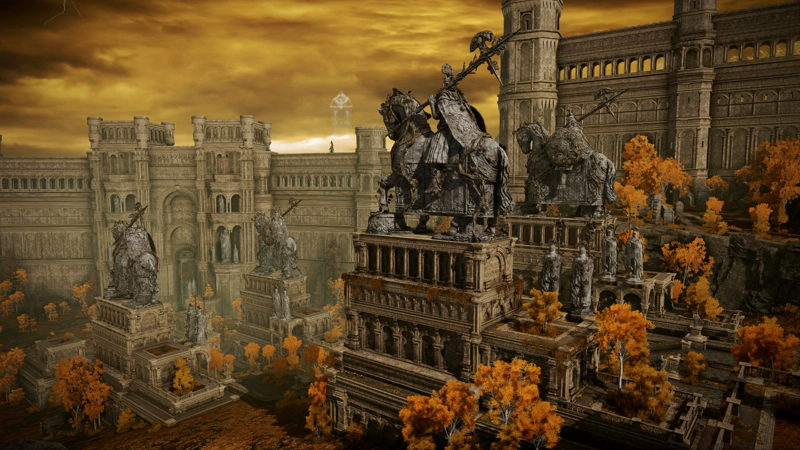Vast statues of knights on horseback line a processional staircase through the outskirts of the Capital. The surrounding structures are rich with variegated brown trees.