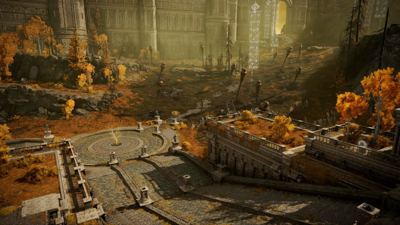 A processional staircase with a circular dais around a shining golden sapling. Beyond, the path is shattered and broken, the earth pierced by giant spears and cratered by artillery.