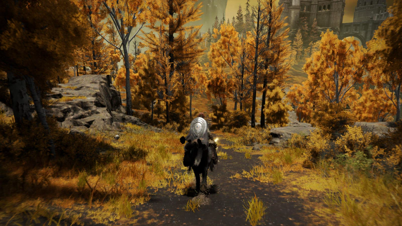 Gille rides through a golden forest, her teardrop shield on her back and her sword glowing with holy light.