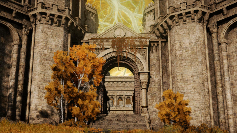 An understated archway leading into the Capital, through a side entrance. The portico is overgrown with red-gold ivy, encroached upon by nearby trees.