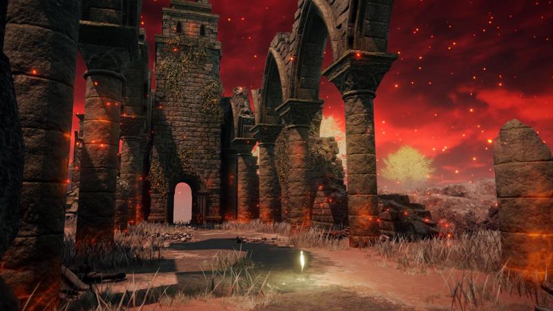 A ruined chapel beneath a crimson sky. The earth is tinged an unsettling pink, and glowing embers linger in the air. A shard of grace glows wan in the centre of the ruins.
