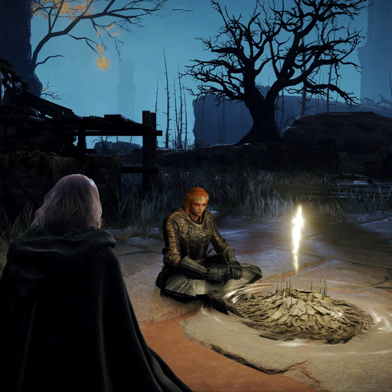 Melina and Gille sit by a grace at night, Melina's back to the camera. The sky is pale blue, the trees silhouetted and skeletal. The faint silhouette of a tower rises out of the mist in the distance.
