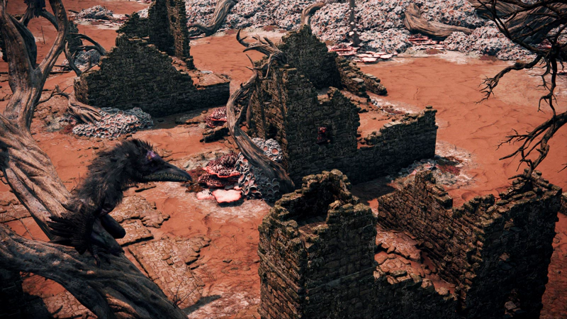 A large ragged bird with rows of jagged teeth perches above a cluster of ruined stone buildings. The earth beneath is dry and pink-brown, and beyond the ruins the ground rises into grey coral-like shapes.