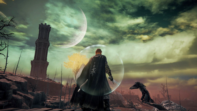 Gille stands on a wooden ledge - her cloak distorted by a shimmering bubble - against a pink landscape and a green-grey sky. The moon is large behind the clouds, above a tall stone tower, and a large black bird perches on a bare tree to Gille's right.