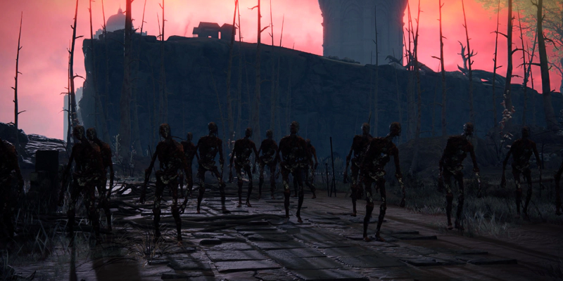 A gaggle of shambling humanoid figures on a roughly-paved road. Their flesh is emaciated, zombie-like, and pale light shines from behind them, casting long shadows along the road.