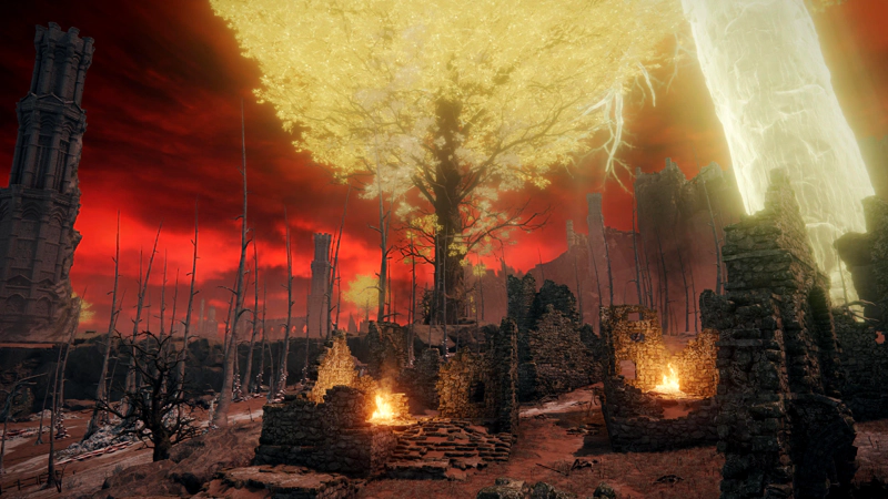 A golden tree rises above burning stone ruins, in a red-brown landscape scoured by rot. Bare trees rise into a crimson sky, and a tower stands tall at the left-most edge of the frame.