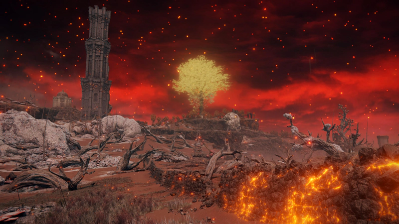 A smouldering wall stretches across a desolate pink plain towards a shining distant erdtree. A tall stone tower stands to its left, and the landscape is littered with dead trees and grey-pink coral-like rocks. The dark red clouds overhead are scattered with glowing embers.
