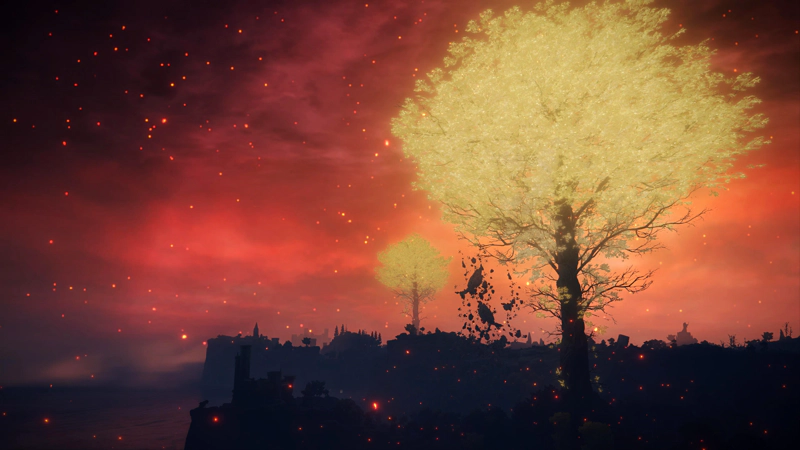 A view across a firey orange sky towards a pair of golden erdtrees. The cliffs below are silhouetted against the light, and a dark cluster of levitating rocks rises into the sky.