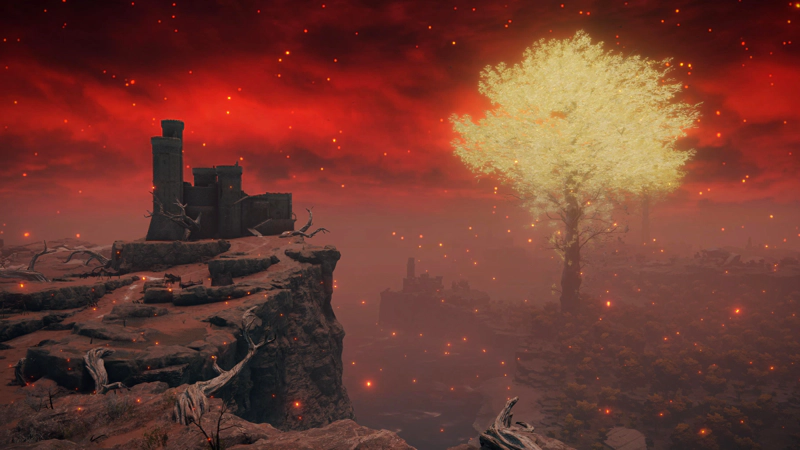 A curving cliffside path of broken trees and pink-grey earth, towards a cliff-edge keep. To the right, far below, a forest spreads to the foot of a golden Erdtree