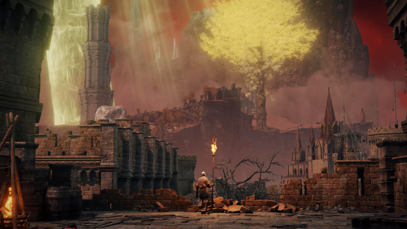 A solitary soldier in a rough uniform and carrying a flaming spear stands on a broken battlement, looking out across a broken landscape.