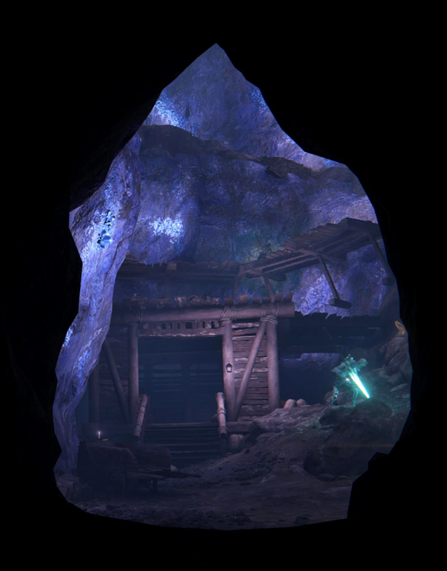 A teardrop-shaped opening into a purple cave scattered with crystals. A rough wooden shack stands beneath a series of wooden platforms climbing the wall, and in the foreground a rock-skinned humanoid drills into the ground with a piercing blue torch.