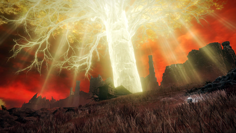 A sloping hillside of brown grass leading up to a wooden shack, behind which towers the Erdtree. Its radiance shines gloriously down over the scene in golden rays.