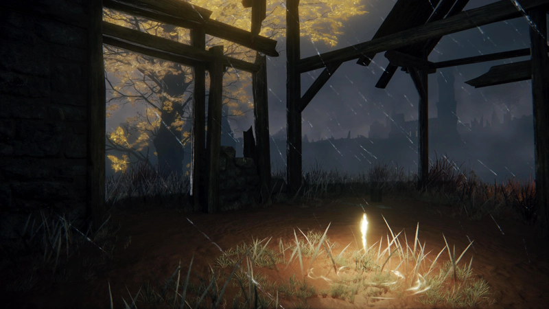 A shard of grace within a ruined shack at night. Rain lashes diagonally across the scene, and outside the purple clouds are broken only by distant architectural silhouettes.