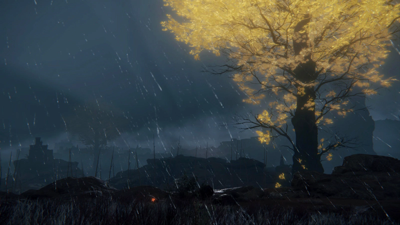A rain-swept hillside at night, looking out over a rocky hillside with scattered spear-like trees. A minor erdtree stands golden to the right of the image.