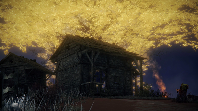 A broken down old shack of stone and wood, beneath the golden expanse of an erdtree's foliage. To the right of the building, a campfire casts a warm glow against a donkey.