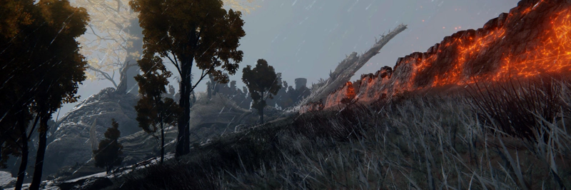 A sloping grey hillside of grass and golden trees. A stone wall leads along the top of the slope, towards a vast grey dragon wing emerging from the hillside.