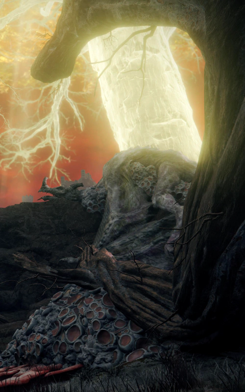 A long-dead grey dragon, lying along a ridge between a grey cliff and the golden light of the Erdtree. Grey coral-like rocks are growing between the dragon's limbs, and the whole scene is framed by a twisted tree.
